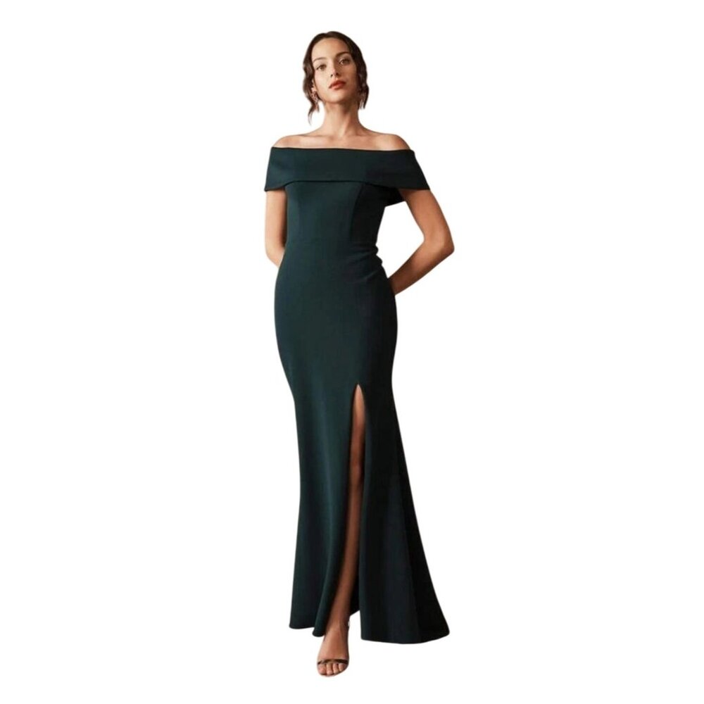 BHLDN Emerald Green Delice Off the Shoulder Formal Gown Dress